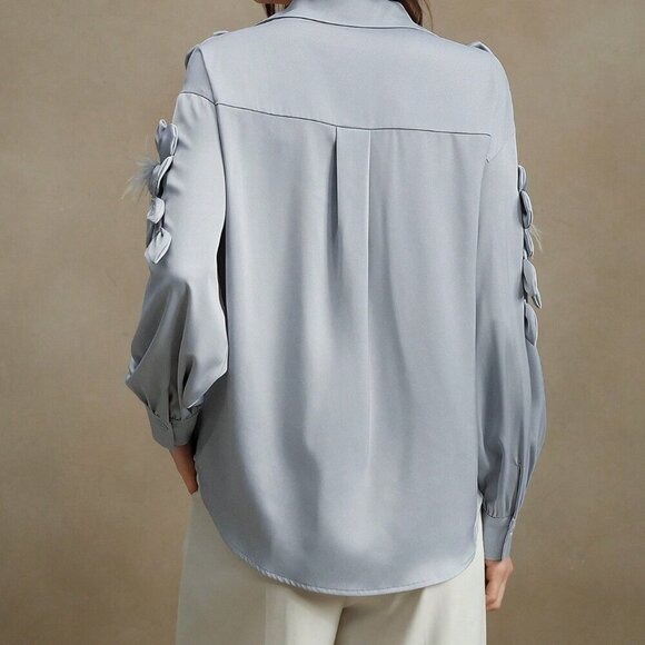 Blue Elegant Women's Loose 3d Floral Turndown Collar Long Sleeve Blouse - Picture 6 of 7